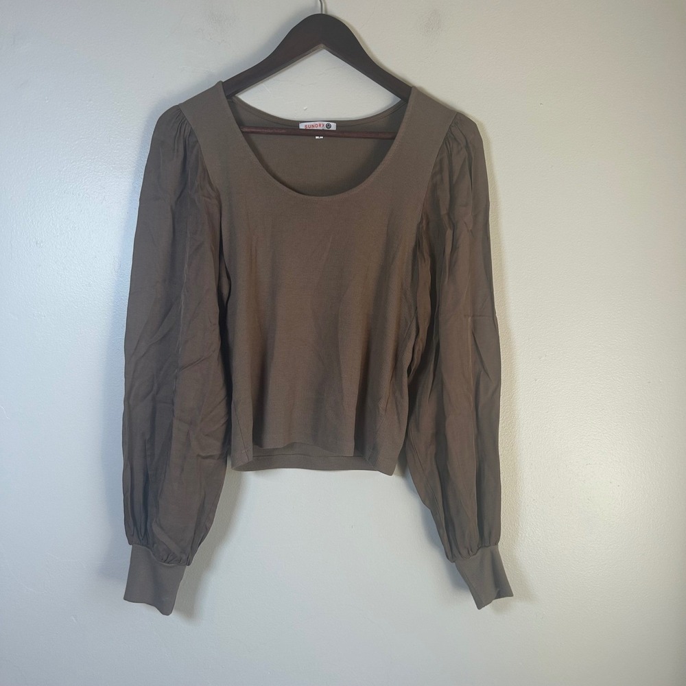 Sundry Womens Top Long‎ Sleeve Ribbed Crew Neck Puff Sleeve Brown Size 2